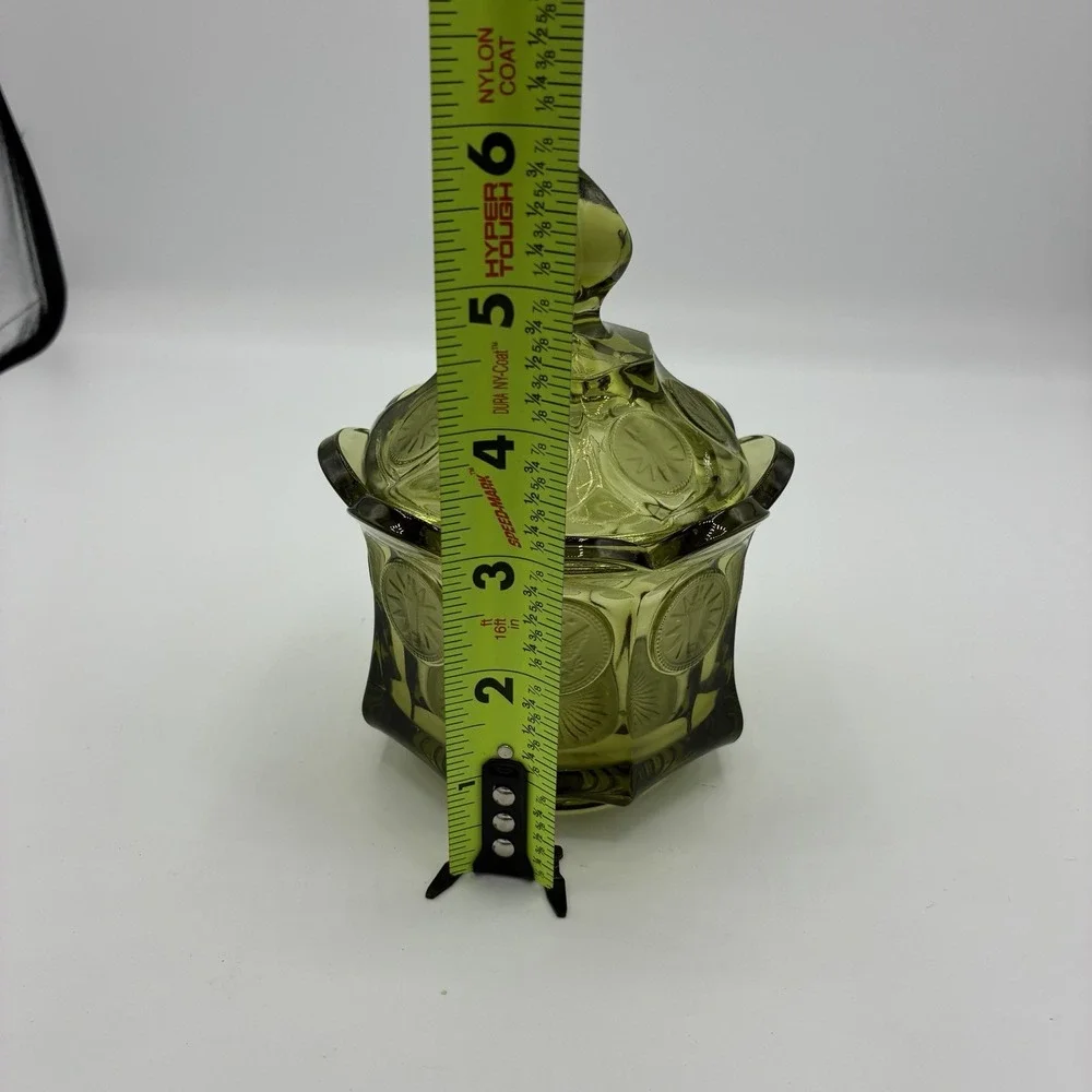 Vintage Fostoria Coin Glass Candy Dish w Lid Avocado Green Eagle 1887 Pedestal